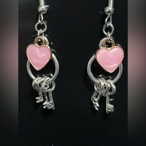 Pink Heart and Silver Key Earrings